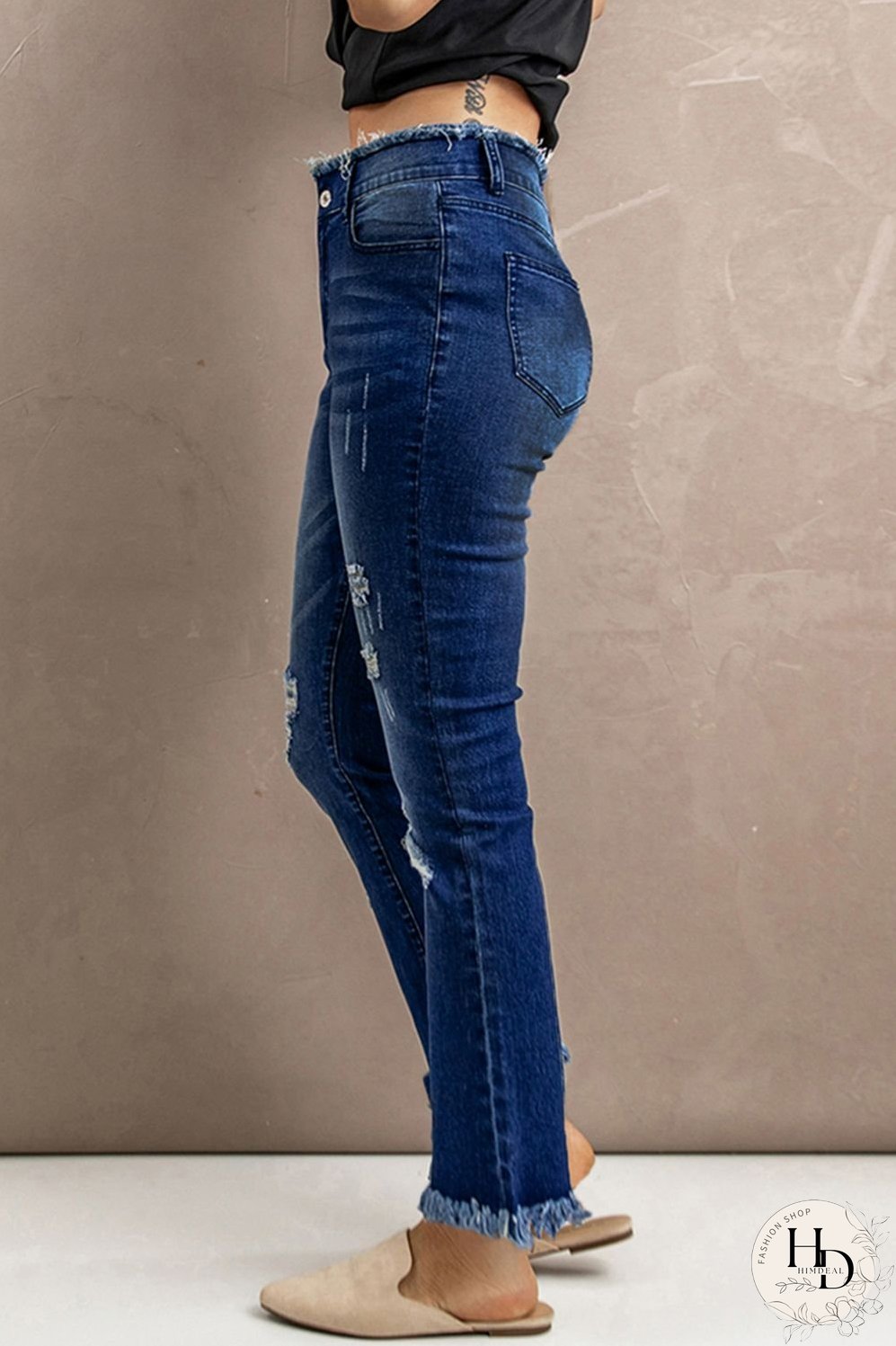 Baeful High Waist Distressed Raw Hem Jeans