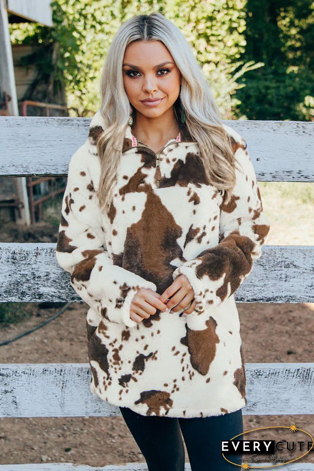 Zip Collar Cow Print Fleece Sweatshirt