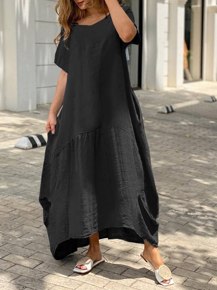 Bohemian Fashion Casual Loose Cotton Solid Color Swing Maxi Dress