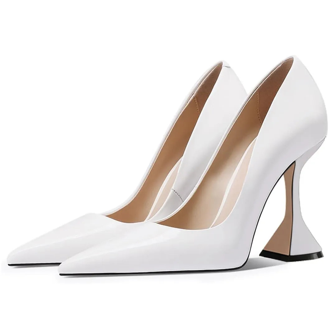 YDN Simple White Patent Leather Pointed Toe Wedding Pumps Heels