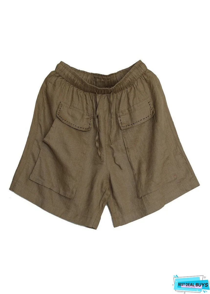 Unique Khaki Pockets Patchwork Linen Shorts Summer