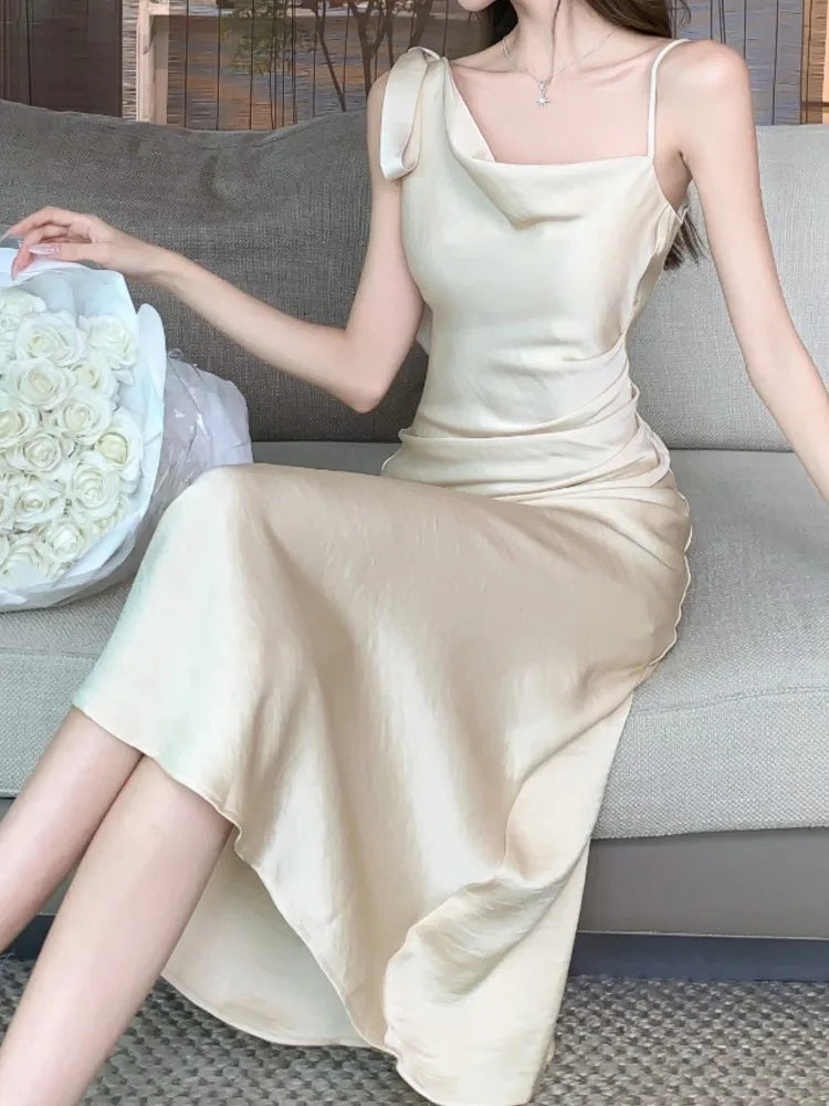 Aiertu Spaghetti Strap Women Fashion Satin Midi Dress Sleeveless Casual Solid Chic Bodycon Slim Party Dresses Female Vestidos New Aiertu