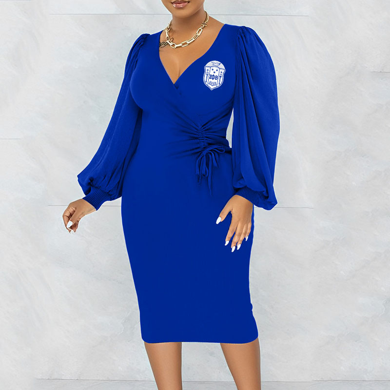 Fashionable V-neck tie pleated wrap hip dress