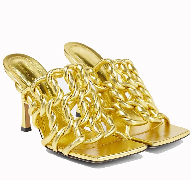 Women's New Square Toe Hand-Woven Twisted Plus Size Sandals and Slipper Shollow Stiletto Heel Slipper Novameme