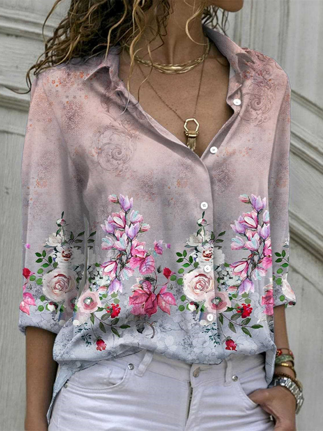 Women Long Sleeve V-neck Graphic Floral Printed Top