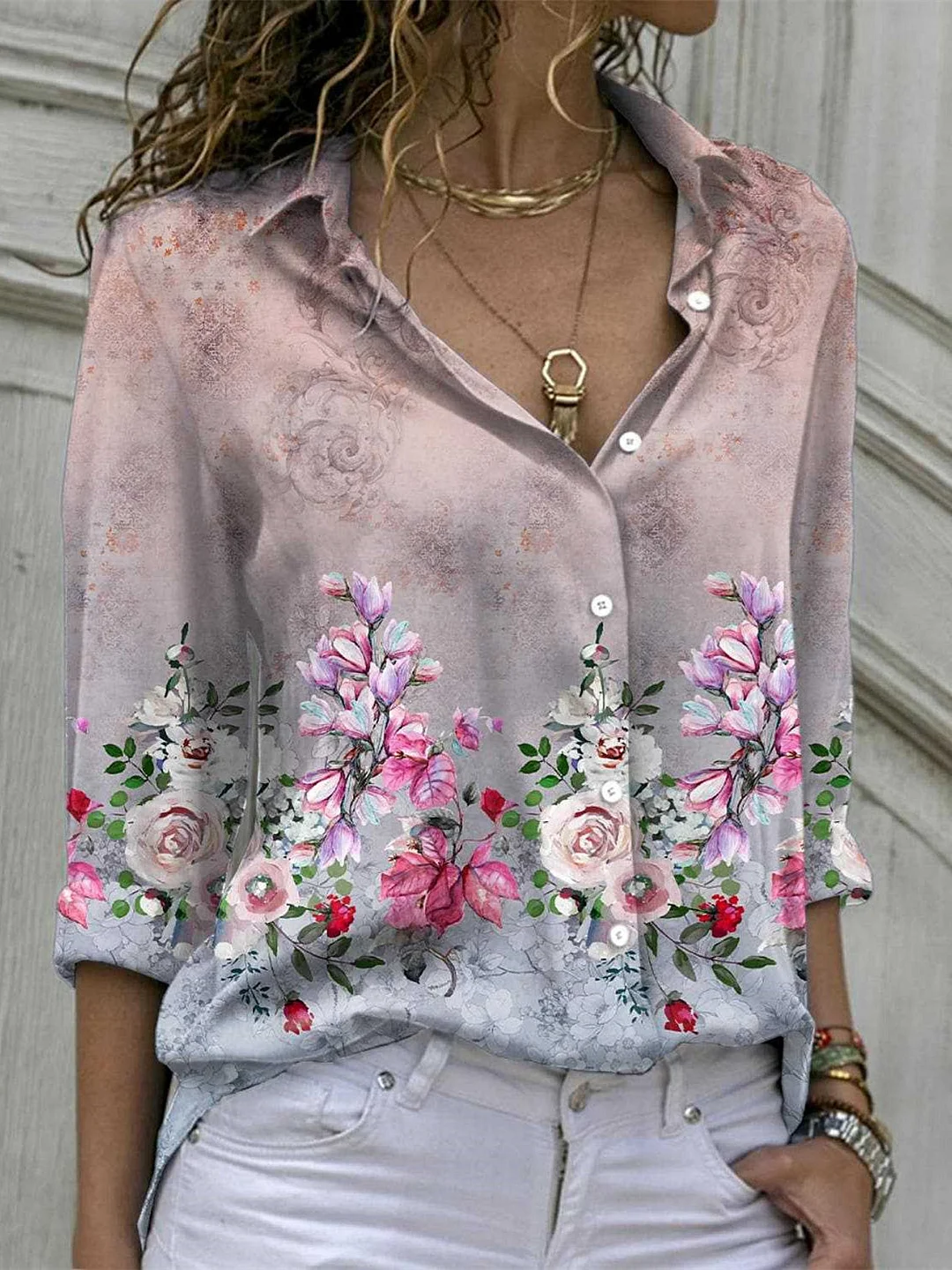 Women's Long Sleeve V-neck Floral Printed Top