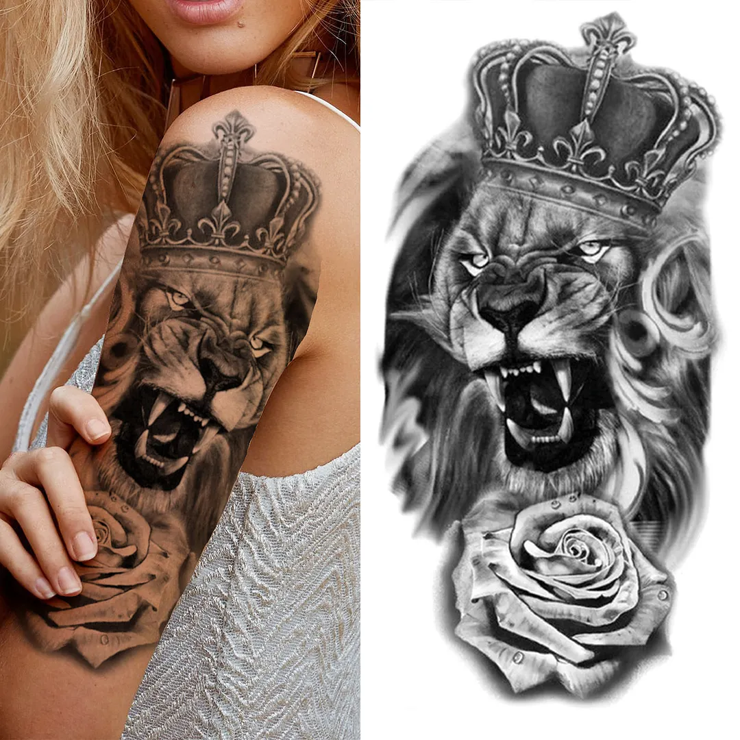 Sdrawing Lion Flower Temporary Tattoos For Women Men Kids Boy Black Tiger Skeleton Tattoo Sticker Fake Compass Tatoos Half Sleeve