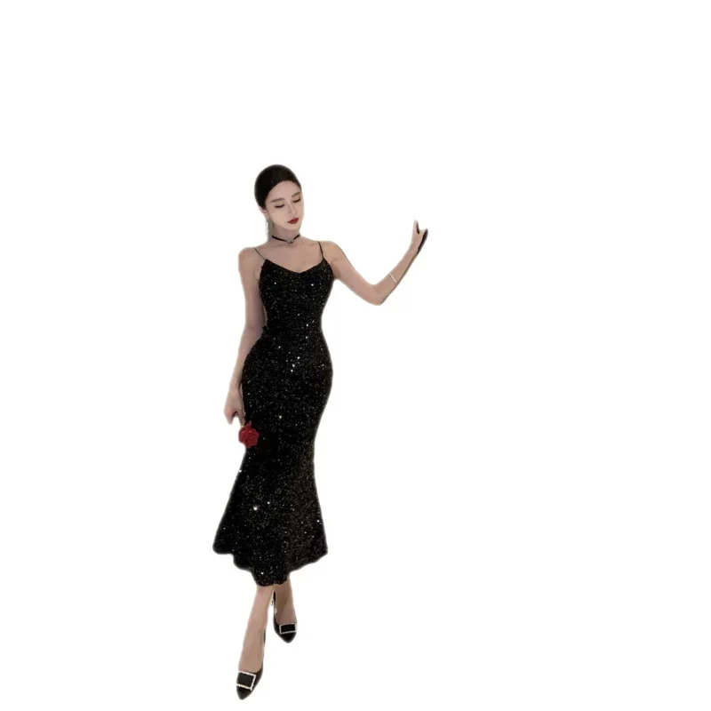 Churchf Churchf New Light Luxury French Condole Dress Female Autumn Velvet Fishtail Temperament Black Sequined Evening Dress Dress