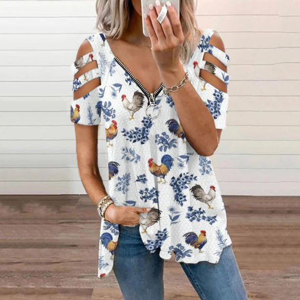 Chicken Print V-Neck Off-Shoulder Short Sleeved T-Shirt