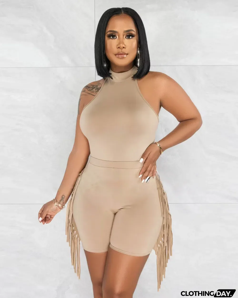 Women's fashion sports ofringed shorts two-piece set