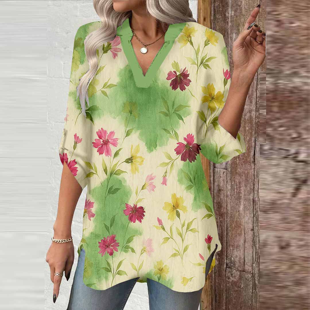 Women Floral, Tie-dyed DZGA0147 3/4 Sleeve V-neck Printed Graphic Button Tops