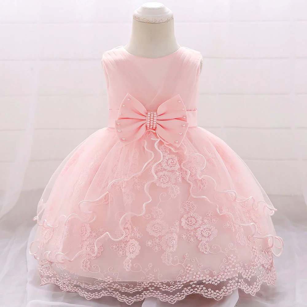 Uveng Pink Lace Baptism Baby Girl Dresses Party Wedding Evening 1st Birthday Kids Prom Princess Toddler Clothes 18 24 Month