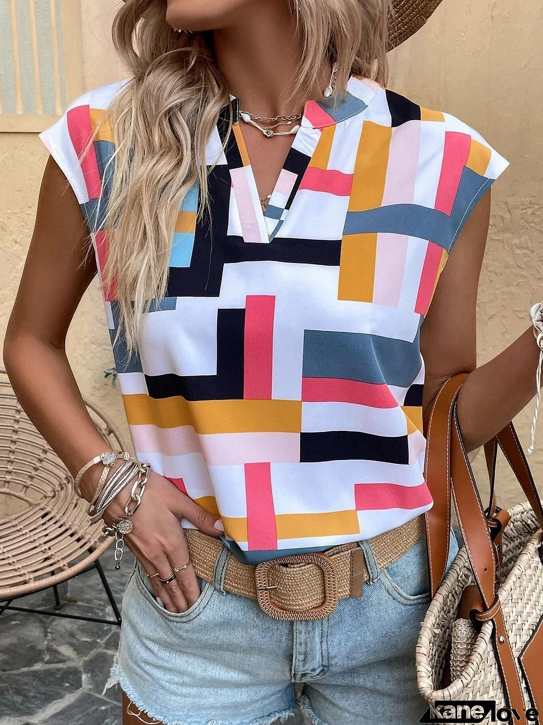 Women's T-Shirts Multicolor Printed V-Neck Sleeveless T-Shirt