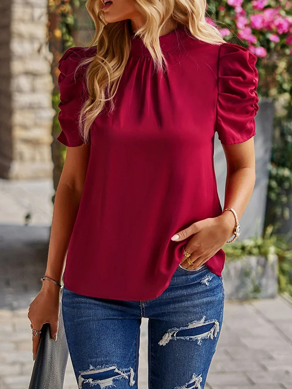 Half Sleeves Loose Pleated Solid Color Mock Neck T-Shirts Tops