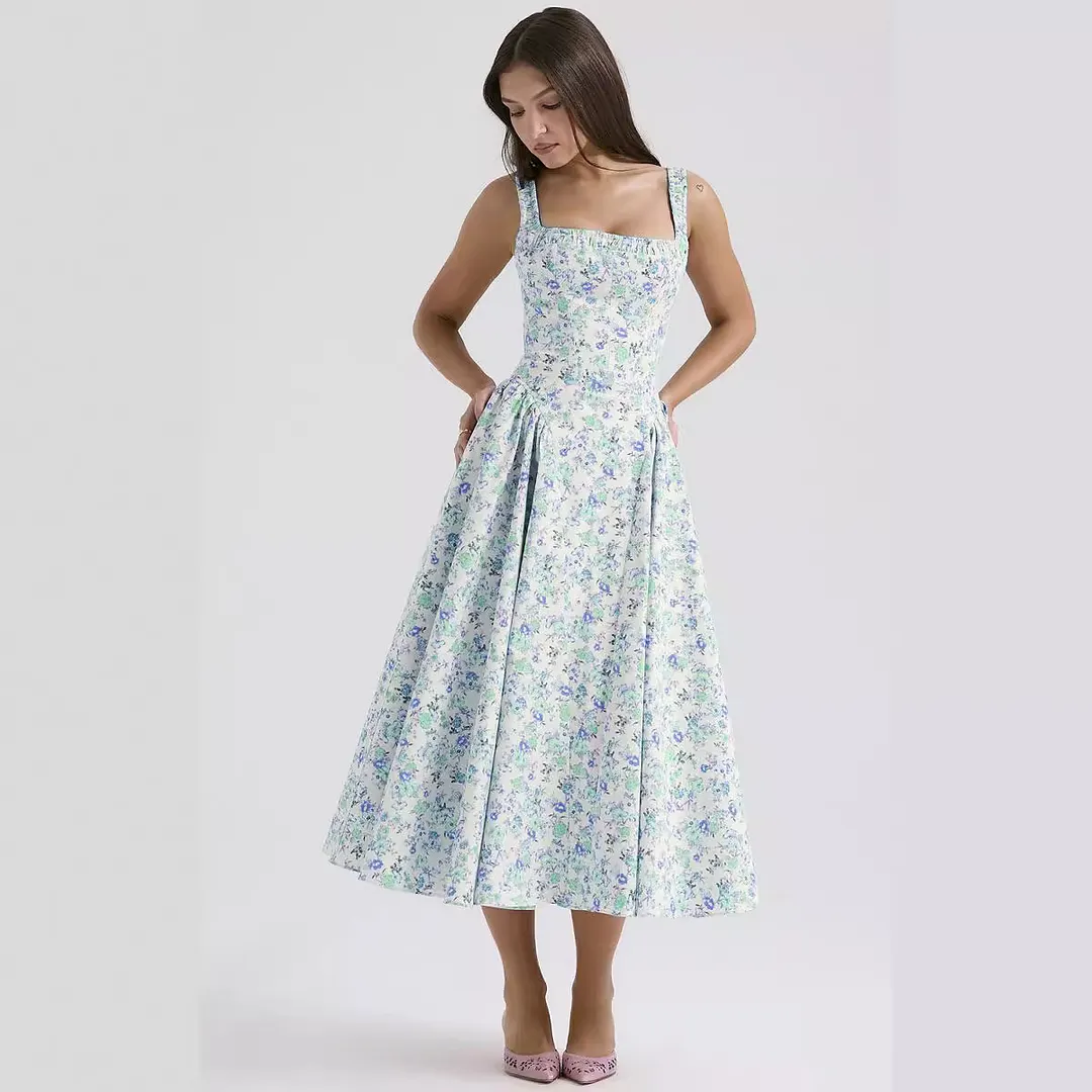 Brownm Brownm 24 Years Broken Flower Bohemian Wind Waist Show Thin Back Holiday Wind Sling Medium Long Dress 88104
