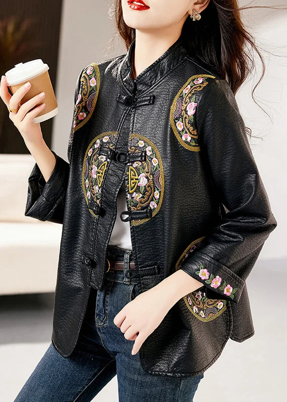 Loose Black Stand Collar Embroideried Chinese Button Faux Leather Jacket Fall
