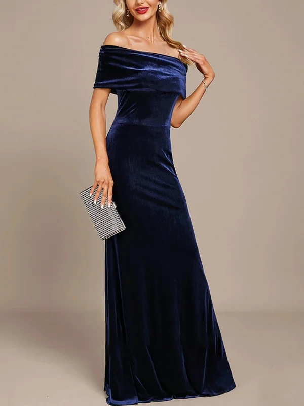Column Off the Shoulder Floor-Length Velvet Evening Dress