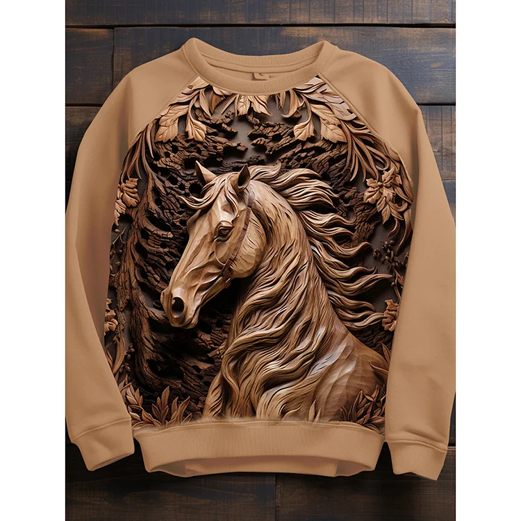 Wearshes Vintage Horse Head Printed Round Neck Sweatshirt