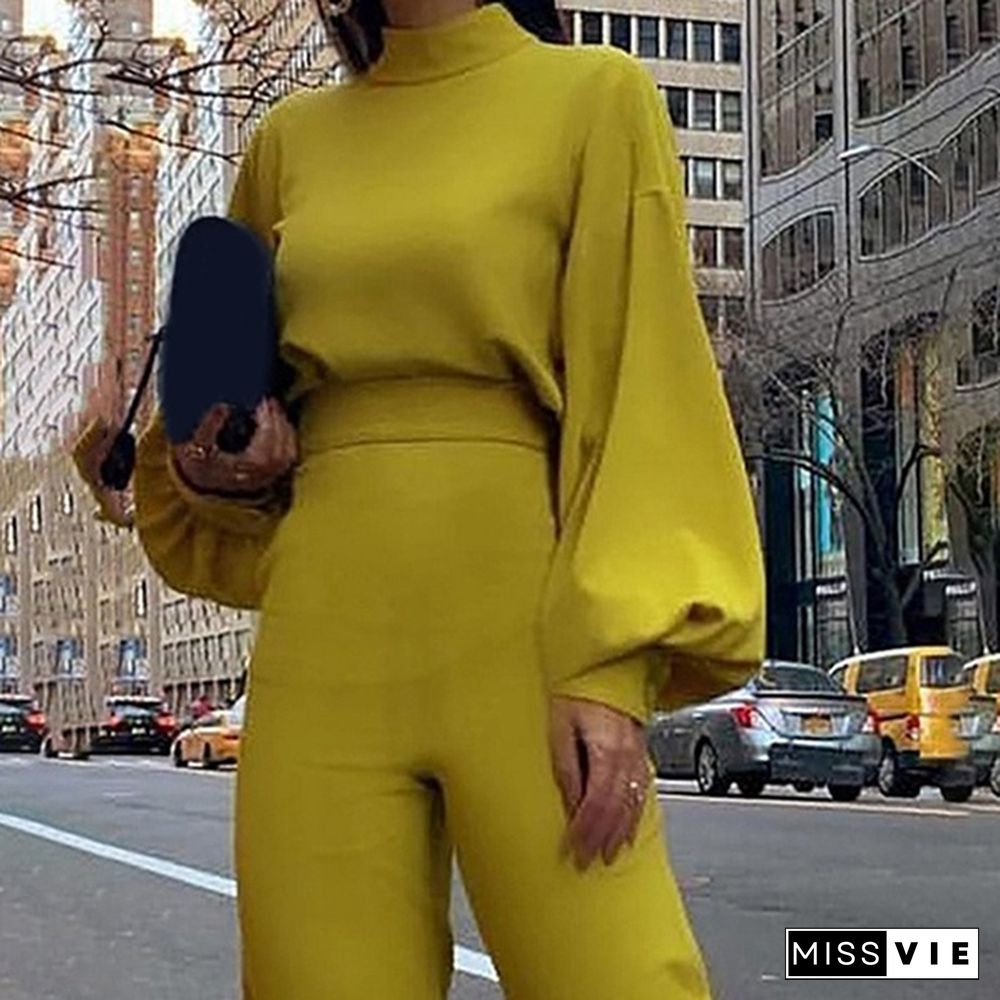 Women Fashion Puff Long Sleeve High Waist Solid Color Jumpsuits