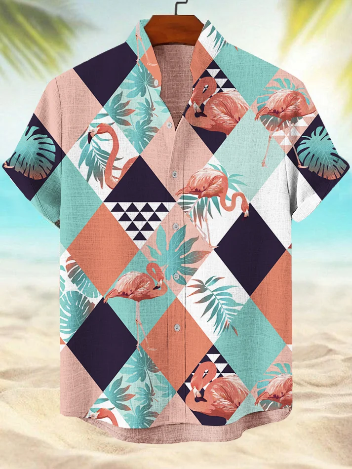 Men's Vacation Tropical Plant Flamingo Argyle Print Shirt