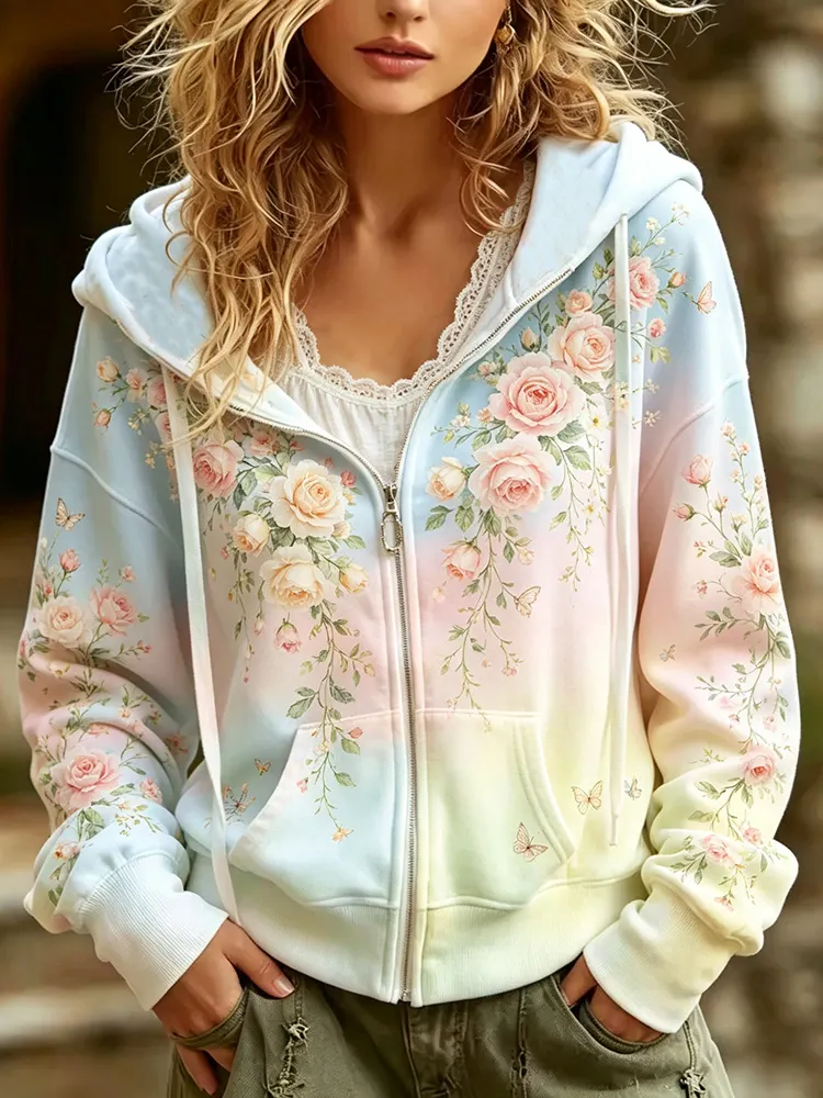 Comstylish Women's Vintage Rose Art Print Gradient Casual Hoodie