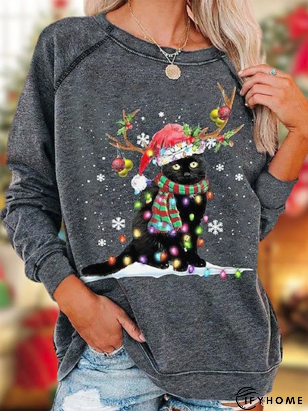 Christmas Cat Snowflake Long Sleeve Crew Neck Casual Tunic Sweatshirt | IFYHOME