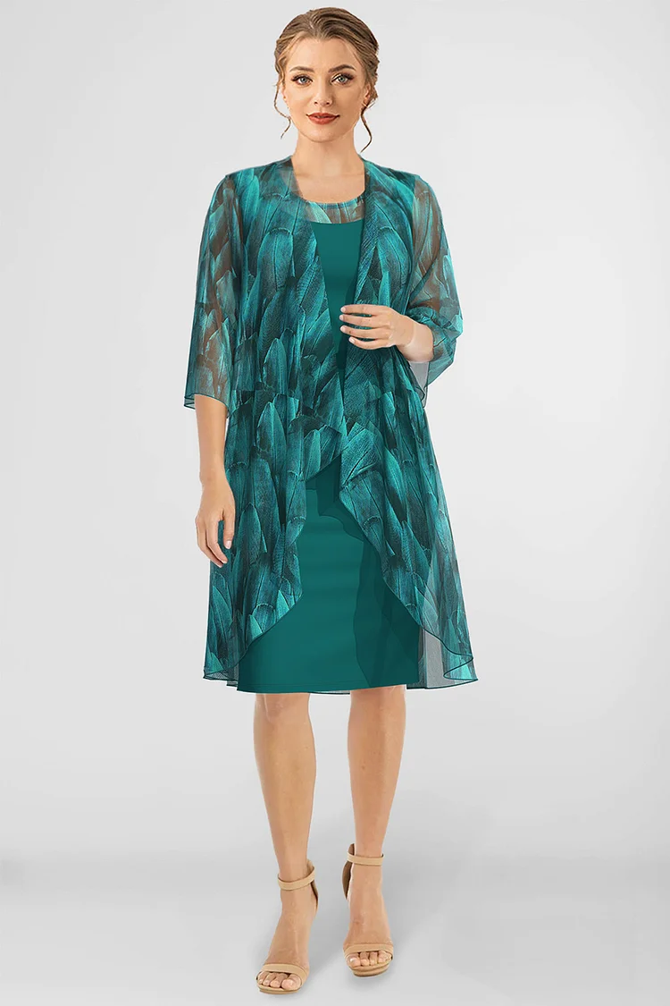 Flycurvy Plus Size Wedding Guest Teal Green Feather Texture Two Pieces Midi Dress With Jacket  Flycurvy [product_label]