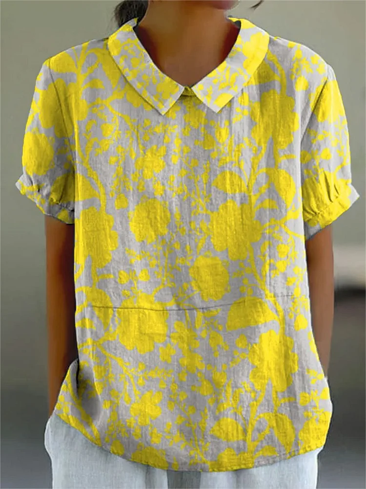Women's Vintage Flower Print Casual Cotton And Linen Shirt