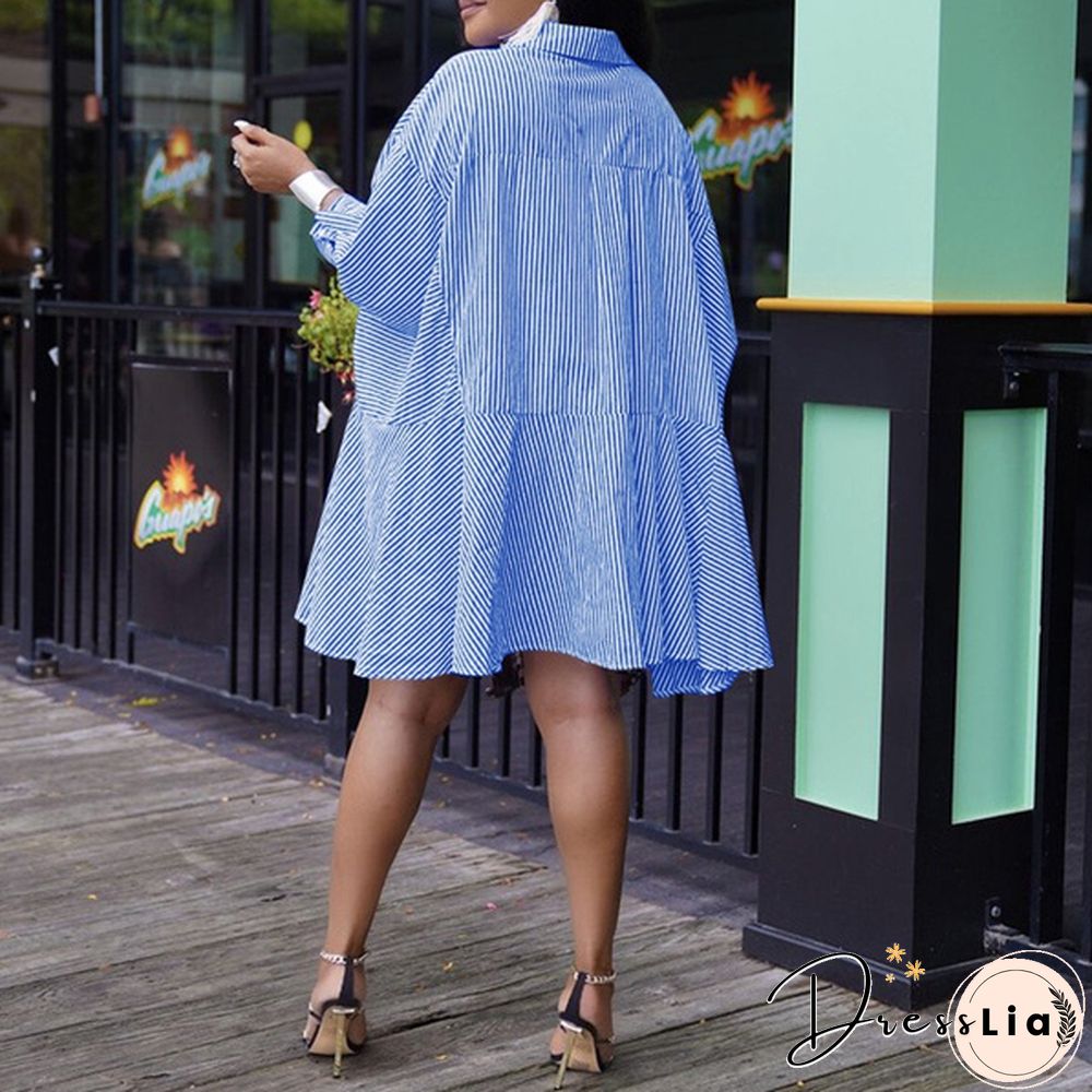 Women Fashion Pleated Ruffled Hem Baggy Irregular Hem Vestido S-5XL Batwing Sleeve Lapel Collar Striped Dresses