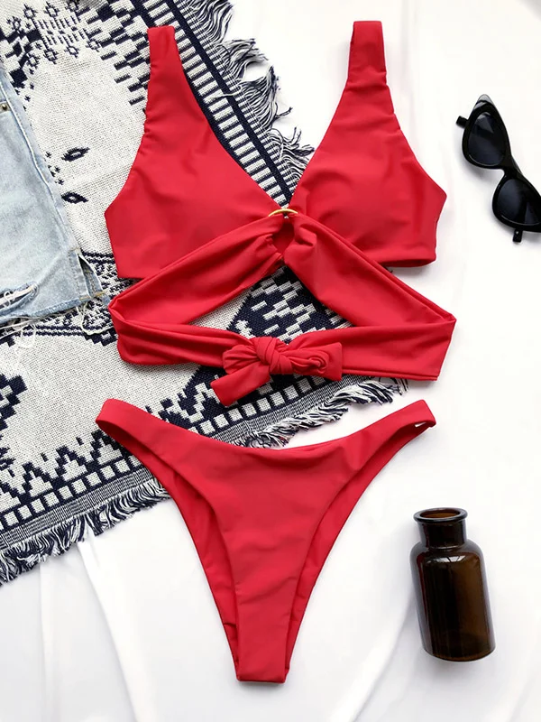 Sexy Bandage Deep V-Neck Split Bikini Swimsuit