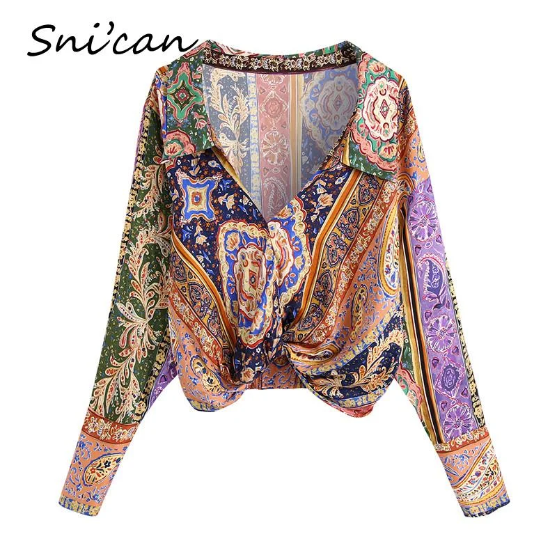 Jangj Purple Paisley Knots Boho Satin Blouse Turn Down Collar Long Sleeve Women Shirts Za 2021 Female Oversize Casual Chic Tops Femme