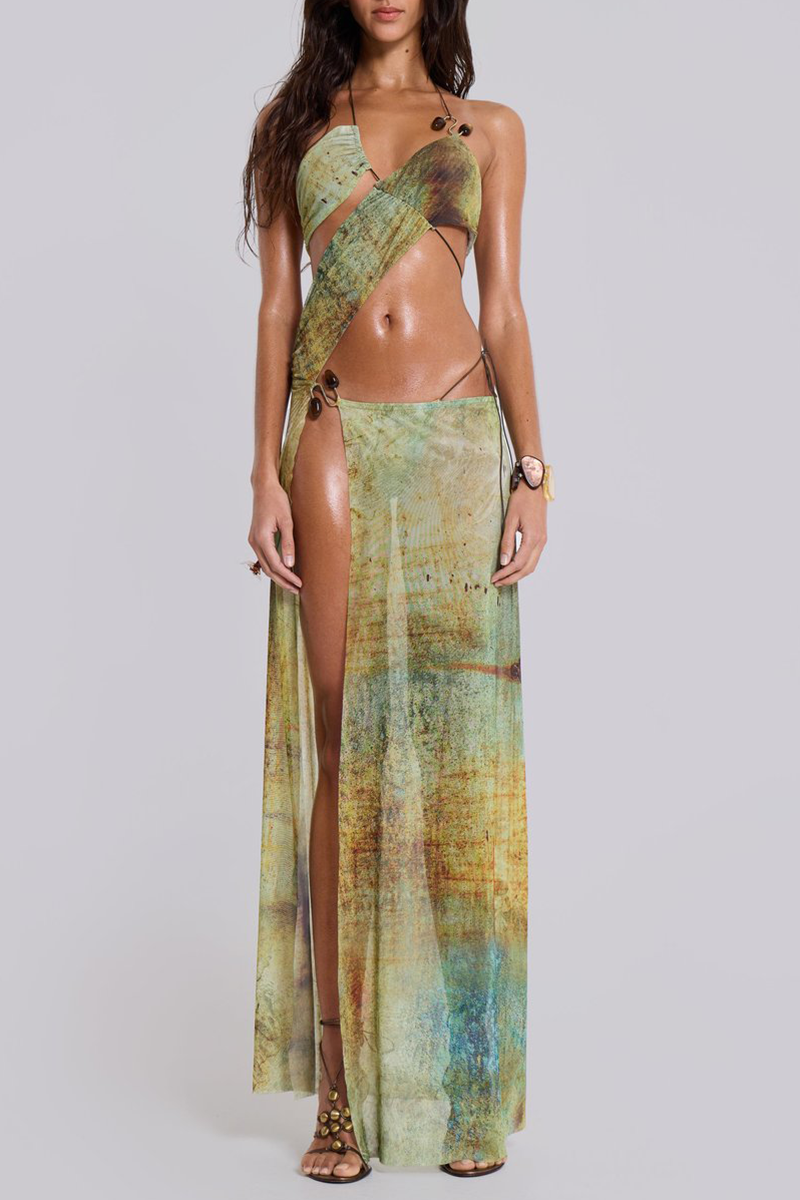 Gradient Pattern High Slit Halter Irregular Maxi Dresses-Green