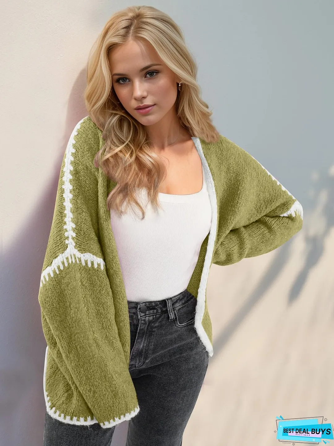 Double Take Contrast Open Front Dropped Shoulder Cardigan