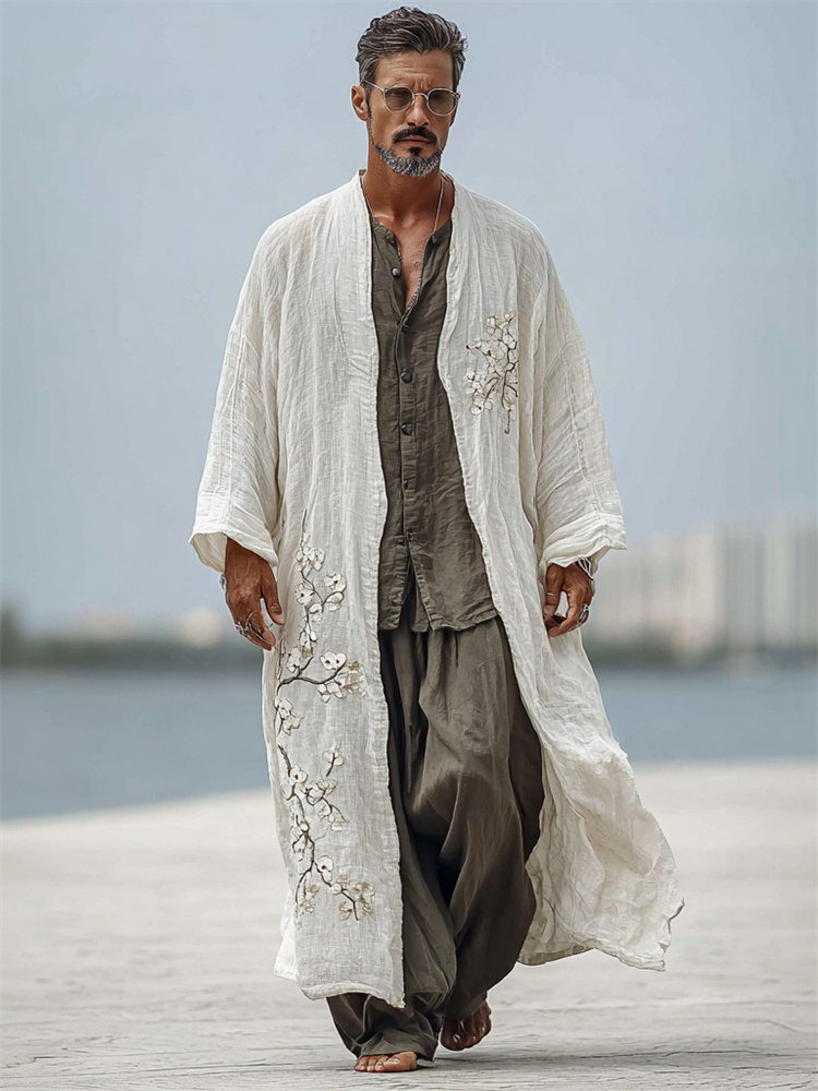 Men's Japanese Simple Almond Blossom Linen Long Kimono  artssus