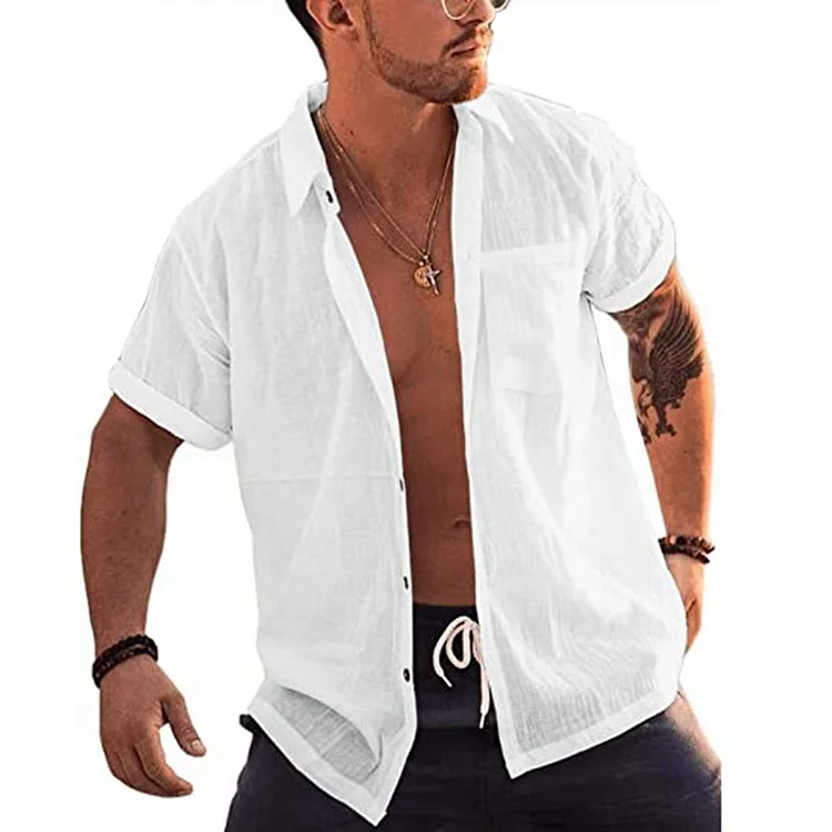 BrosWear Men's Solid Color Short Sleeve Patch Pocket Casual Shirt