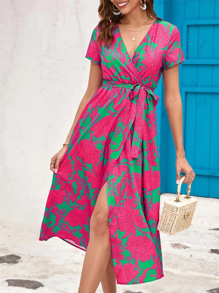 Women's Printed A-line Dress Summer Short Sleeve Printed Split V Neck Midi Skirt-Cosfine
