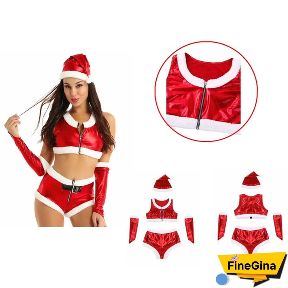 Women Adults Santa Christmas Babe Costume Sleeveless Shiny Metallic Crop Top Zip Up Buckled Shorts 4Pcs Outfit #S-XL