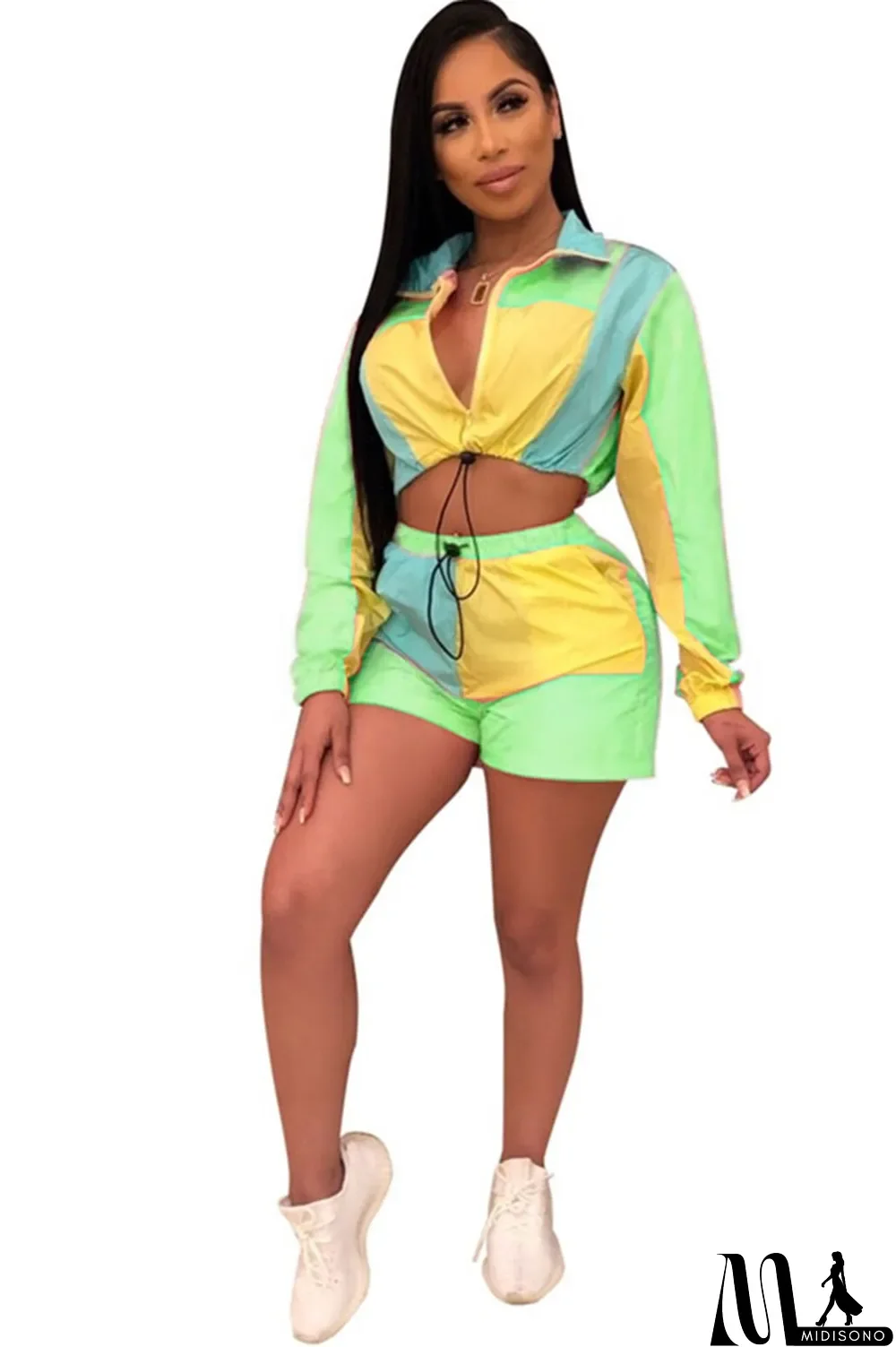 MidiSono - purple Polyester Casual Fashion Zippered crop top Patchwork Regular Two-Piece Short Set