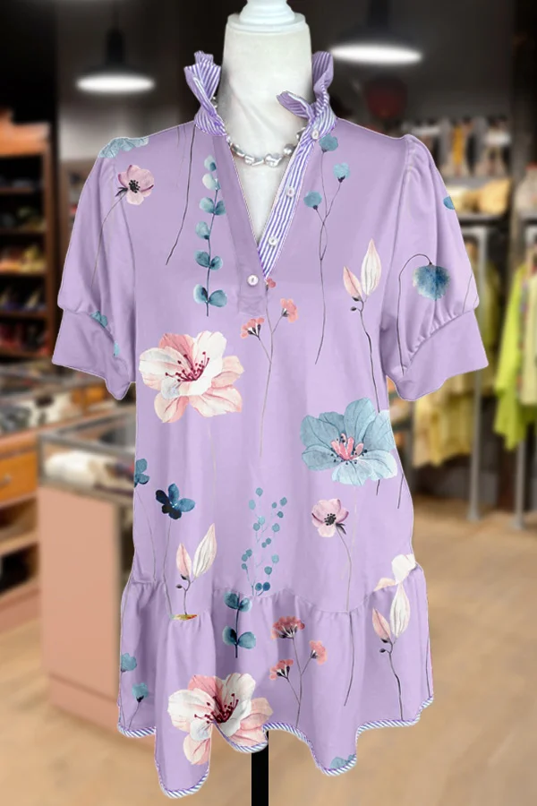 Botanical Floral Print Puff Sleeve Mini Dress