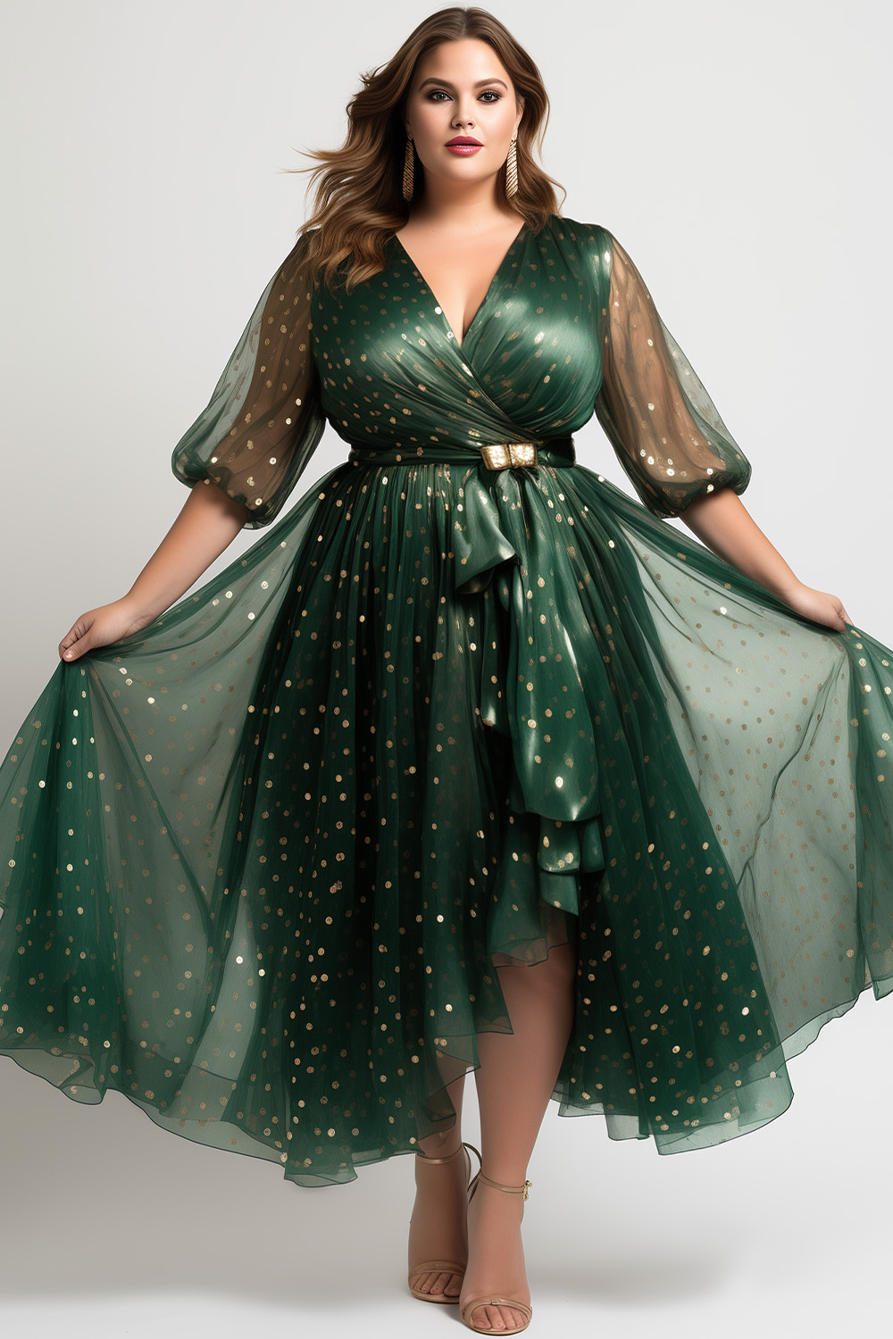 Flycurvy Plus Size Christmas Emerald Green Chiffon Sparkly Wrap Irregular Hem Puff Sleeve Maxi Dress