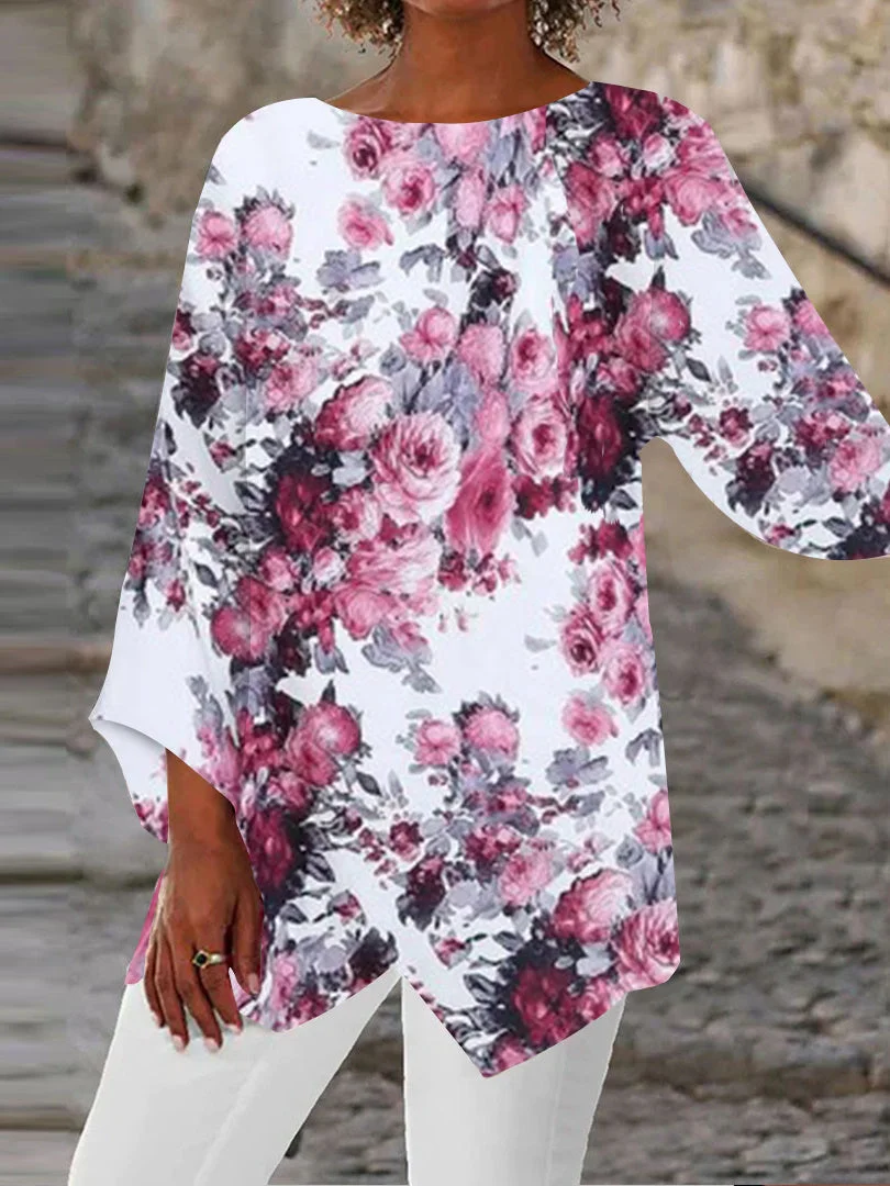 Women Asymmetrical 3/4 Sleeve Scoop Neck Floral Printed Top