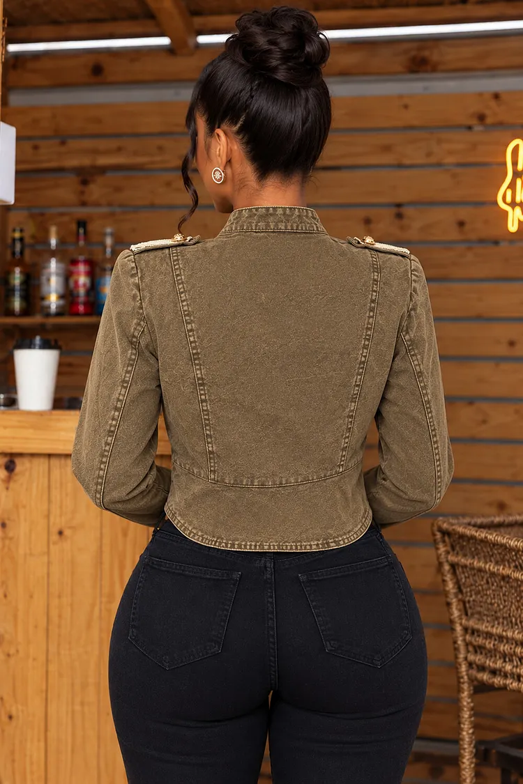Mandarin Stand Collar Gold Button Long Sleeve Cropped Jacket