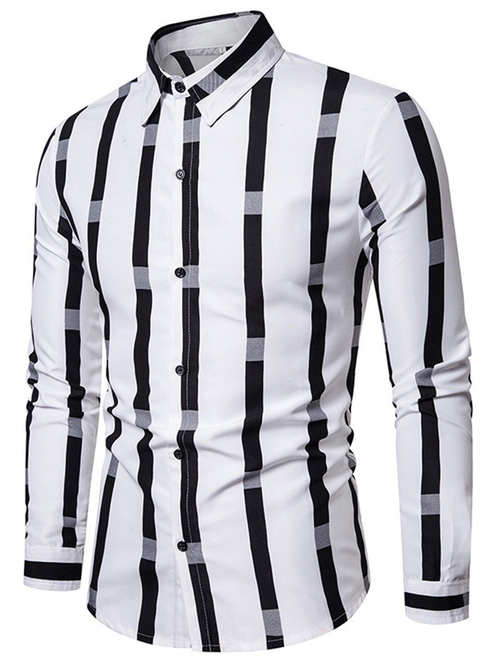 Men's Shirts Men's Long-sleeved Striped Shirt Lapel Loose Casual Shirt