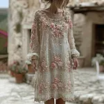 Women's Pink Rose Embroidery Art Round Neck Long Sleeve Linen Blend Midi Dress - Image 2