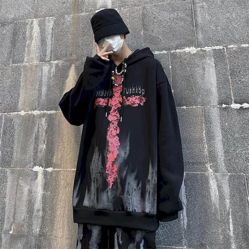 Winter Hoodies Women Sweatshirt Men Harajuku Dark Black Cross Print Loose Plus Velvet Plus Size Couple Jacket Goth Clothes
