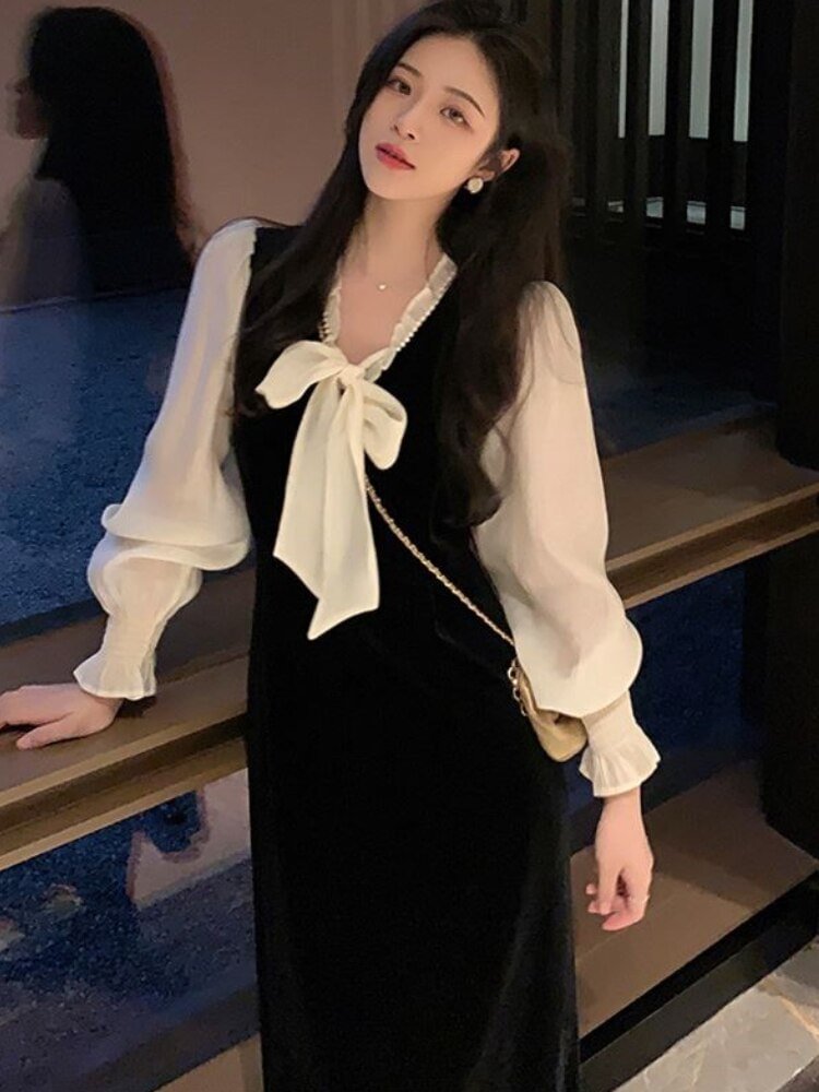 Uveng French Dresses for Women Party Long Sleeve Elegant Evening Casual Design Slim Korean Fashion Velvet Dress Autumn 2022