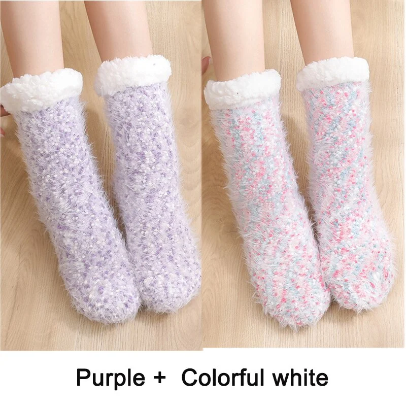 2PCS Warm Floor Socks Women Winter Socks Thick Plush Non-slip Female Sleeping Home Sox Christmas Gifts Harajuku Design for Girls