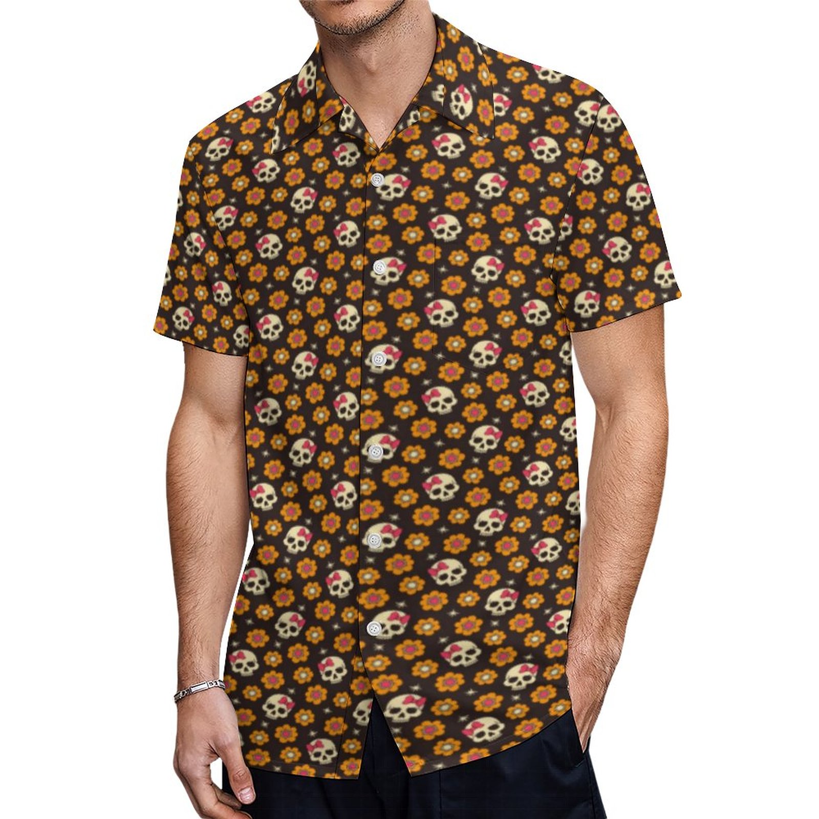 Brown Multiple Color Flowers Skulls Hawaiian Shirt Mens Button Down Plus Size Tropical Hawaii Beach Shirts