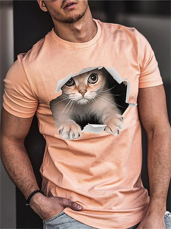 Fashion T-shirt Printed Cat Orange Gray Blue S M L XL 2XL 3XL 4XL 5XL