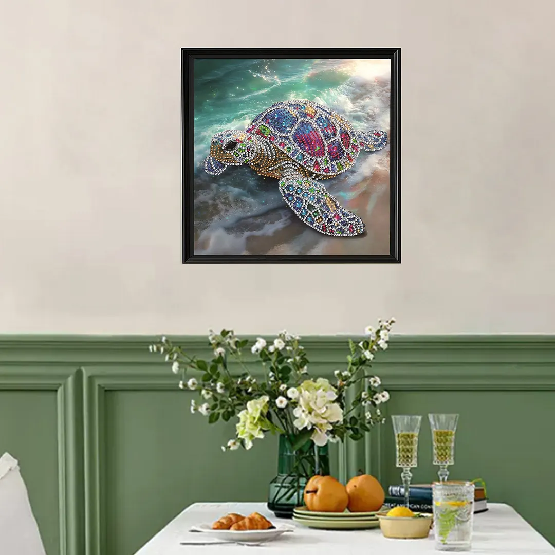 Beach Shimmering Beaded Turtle Special Shaped 5D DIY Partial Drill Diamond Painting Kits for Adults Beginners Home Decor Diamonds Dots Gem Art Kits 11.81 X11.81inch